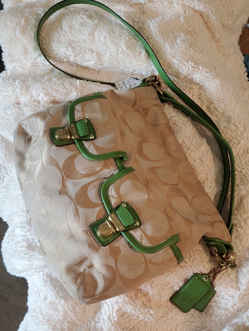 Coach Beige Signature Shoulder Bag with Green Trim